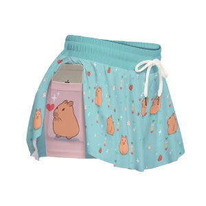 Capybara Strawberry Shorties - Flowy high waisted shorts | Ladies Shorts, Animal lover Gifts