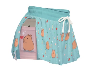 Capybara Strawberry Shorties - Flowy high waisted shorts | Ladies Shorts, Animal lover Gifts