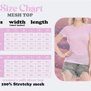 Puede incluir: Una camiseta de malla rosa claro con una tabla de tallas. La tabla muestra medidas en pulgadas y cent&iacute;metros para largo, busto, hombro y cintura. La camiseta es 100% malla el&aacute;stica.