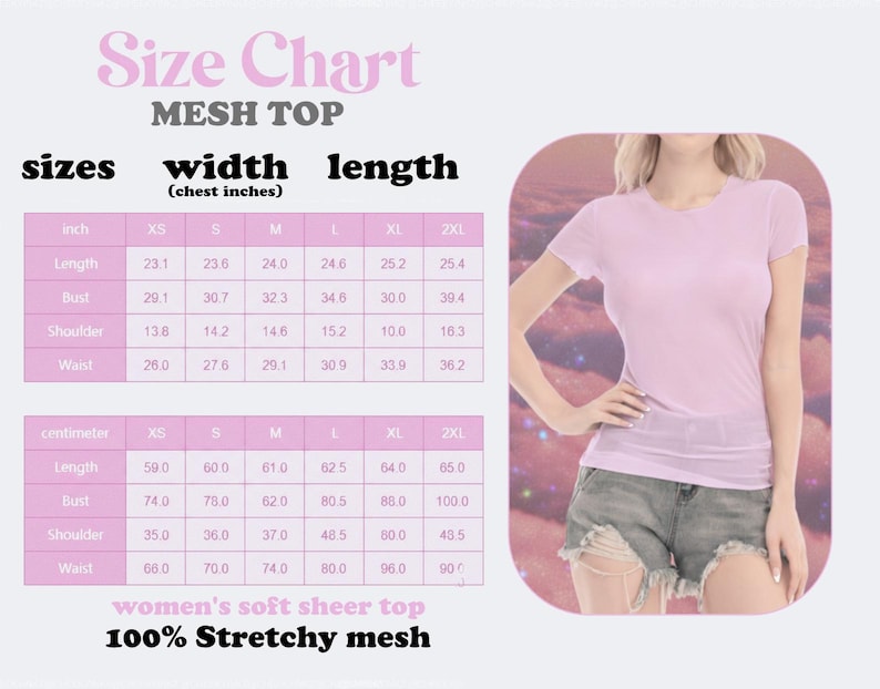 Puede incluir: Una camiseta de malla rosa claro con una tabla de tallas. La tabla muestra medidas en pulgadas y cent&iacute;metros para largo, busto, hombro y cintura. La camiseta es 100% malla el&aacute;stica.