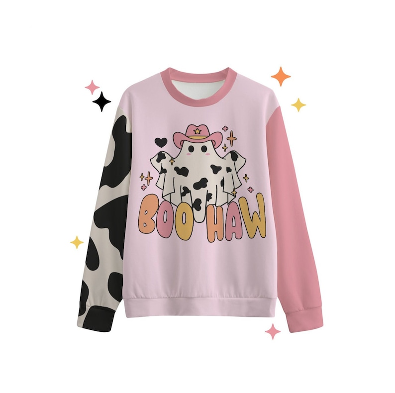 May include: A pink and black cow print sweatshirt with a pink ghost wearing a cowboy hat and the text "BOO HAW" in orange and yellow.