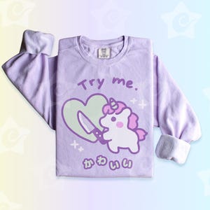 May include: A light purple long-sleeve shirt with a graphic of a unicorn holding a knife next to a green heart. The text "Try me." and Japanese text are also on the shirt.