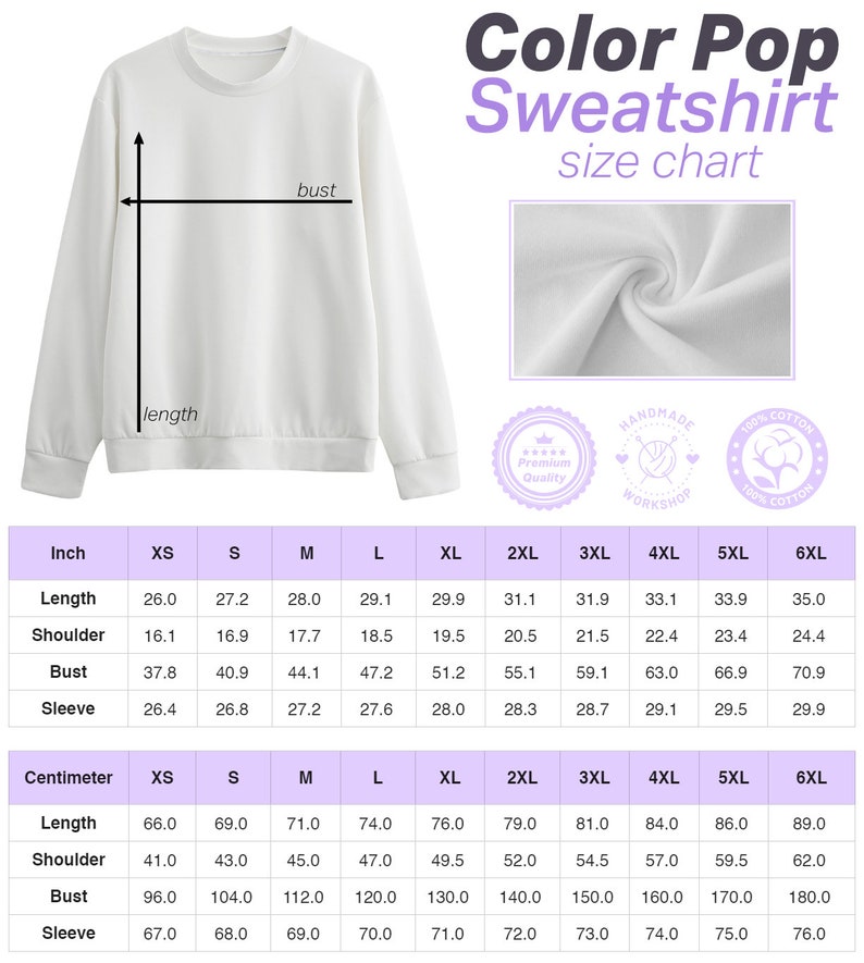 May include: Size chart for a white sweatshirt with a crew neck. The chart shows measurements in inches and centimeters for sizes XS to 6XL. The chart includes measurements for length, shoulder, bust, and sleeve.