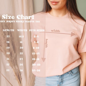 May include: Size chart for a unisex jersey short sleeve tee. The chart shows the size, length in inches, width in inches, and the corresponding US size range.