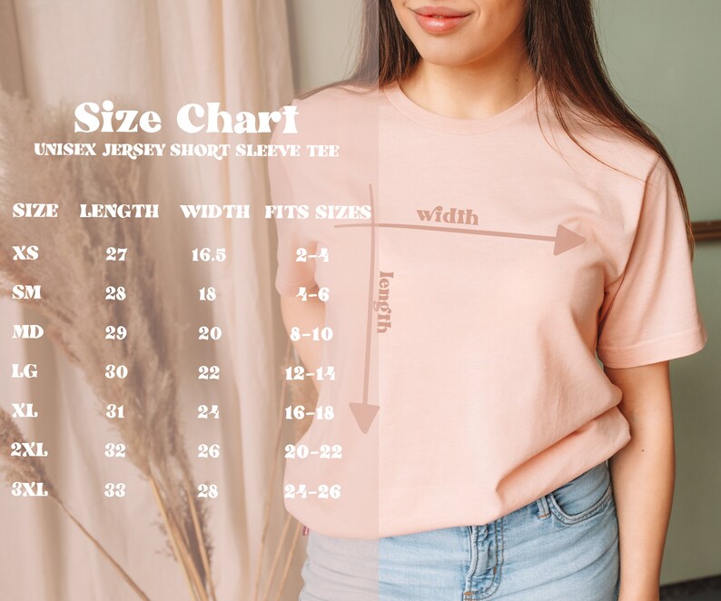 May include: Size chart for a unisex jersey short sleeve tee. The chart shows the size, length in inches, width in inches, and the corresponding US size range.