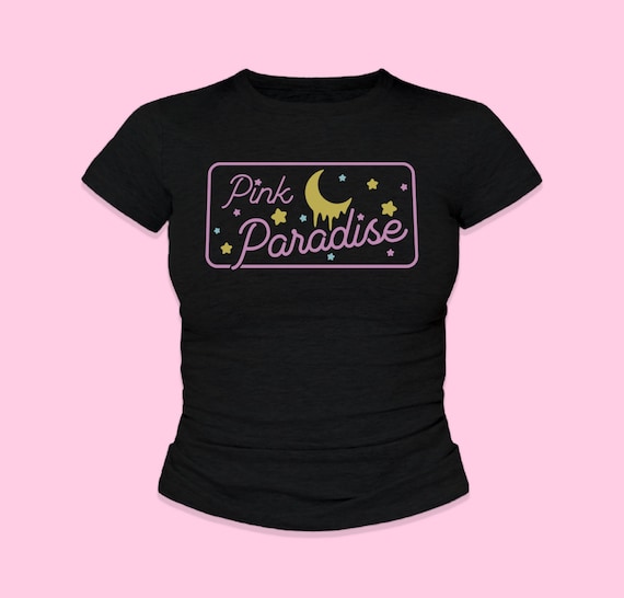 Pink Paradise Crop Top | kawaii shirt | Cute Fitted Graphic Top | Y2K Baby Tee | Crescent Moon Shirt | Gift For Girlfriend, Harajuku Clothes