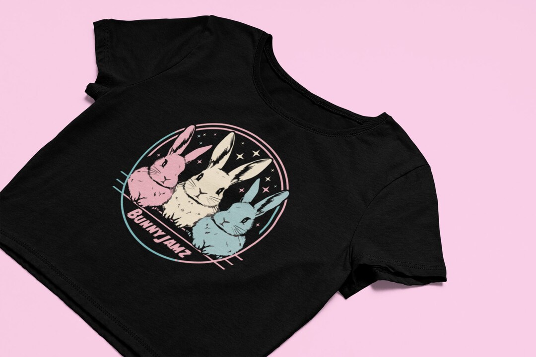 ★AWESOMEUS★ RABBIT MUSIC IS MY LIFE Crop Short Sleeve T-Sh Bunny Jamz Crop Top | Cute Pastel Rabbit Fitted Graphic Top