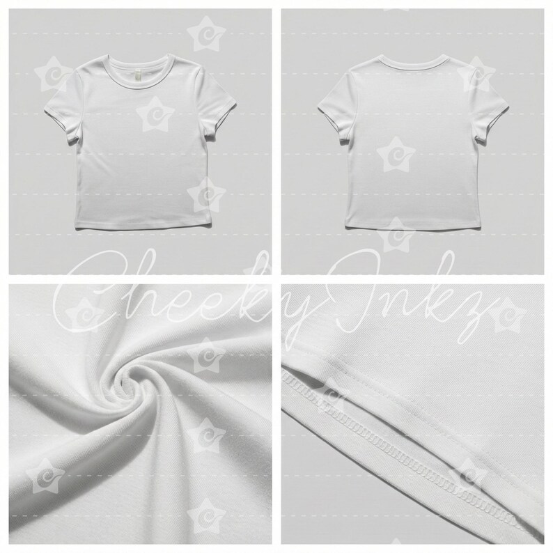 May include: A plain white short-sleeve t-shirt shown from the front and back, featuring a crew neckline and a smooth fabric texture. The image includes detailed close-up views of the soft material folds and the stitched hemline of the garment.