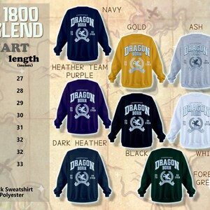 May include: Size chart for Gildan 1800 Heavy Blend crewneck sweatshirts in various colors, including navy, gold, ash, sand, heather team purple, dark heather, black, white, forest green, and light blue. The chart shows sizes from S to 5XL with corresponding width and length measurements in inches.