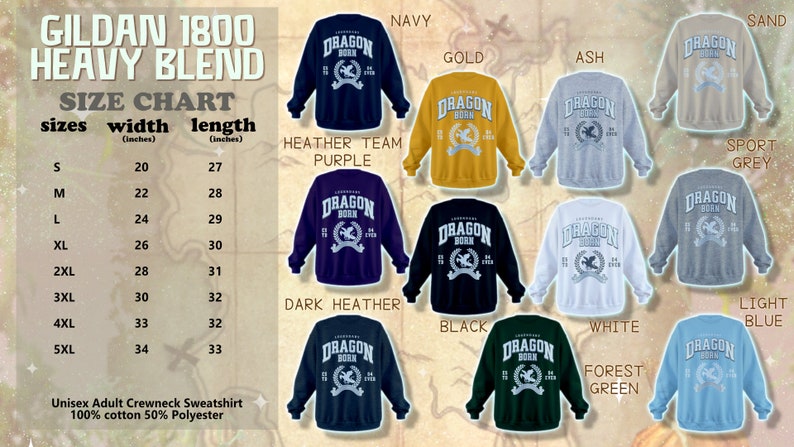 May include: Size chart for Gildan 1800 Heavy Blend crewneck sweatshirts in various colors, including navy, gold, ash, sand, heather team purple, dark heather, black, white, forest green, and light blue. The chart shows sizes from S to 5XL with corresponding width and length measurements in inches.