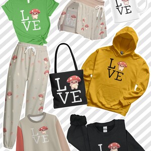 以下が含まれることがあります： キノコをテーマにしたアパレルとアクセサリーのコレクション。アイテムには、緑のTシャツ、トートバッグ、フーディー、スウェットシャツ、スウェットパンツ、ショートパンツ、マグカップが含まれます。すべてのアイテムには、LOVEという言葉が書かれた漫画のキノコが描かれています。
