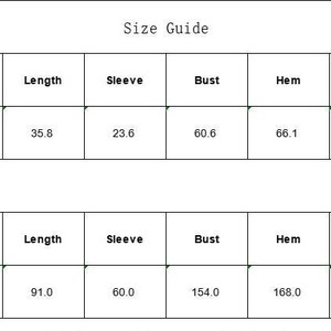 May include: A size guide table with measurements in inches and centimeters. The table includes measurements for length, sleeve, bust, hem, and shoulder. The size 4XL is listed with measurements such as 35.8 inches length and 91.0 centimeters length.