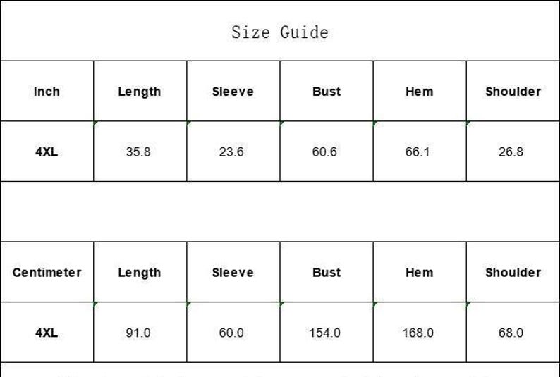 May include: A size guide table with measurements in inches and centimeters. The table includes measurements for length, sleeve, bust, hem, and shoulder. The size 4XL is listed with measurements such as 35.8 inches length and 91.0 centimeters length.