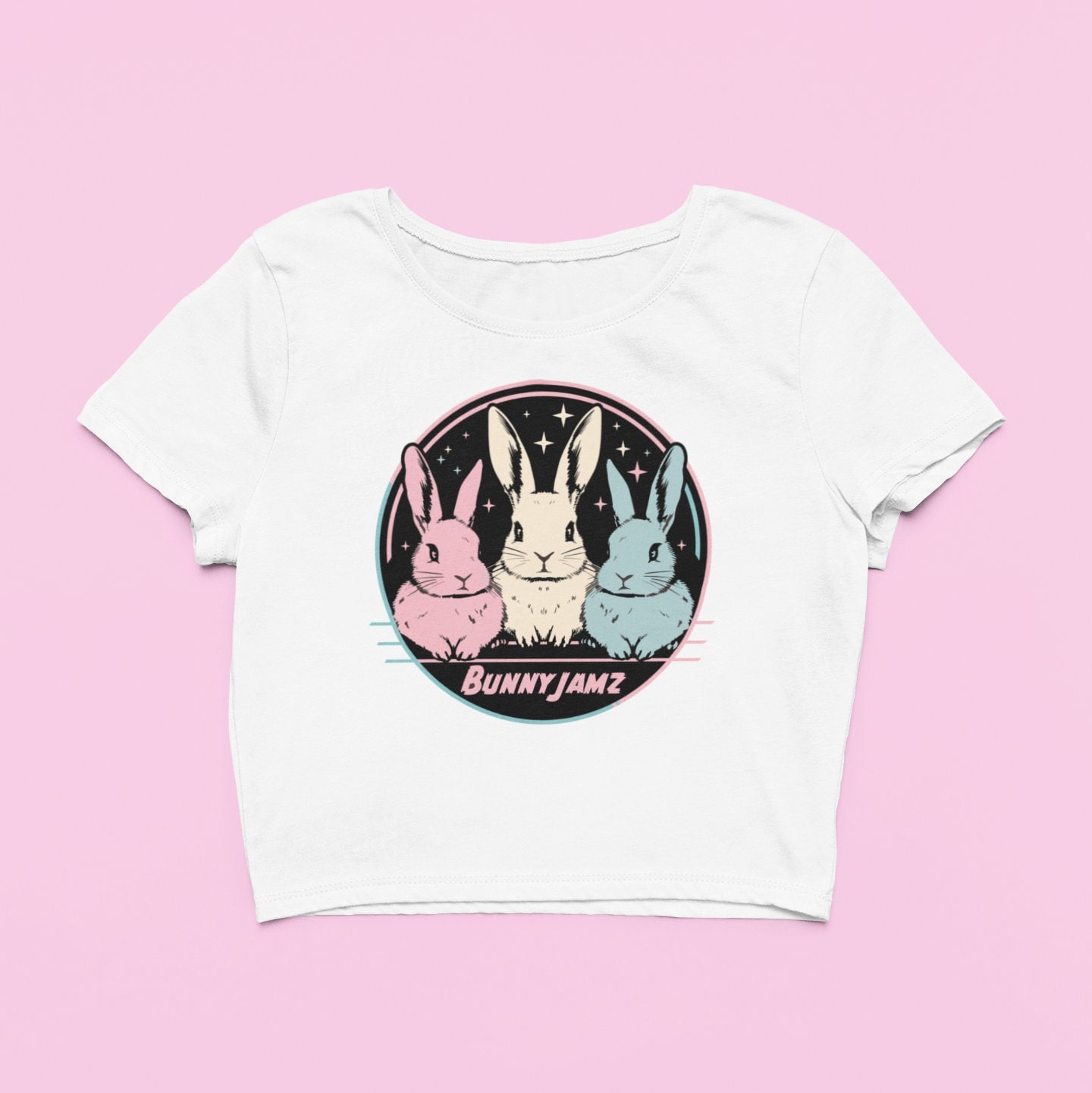 ★AWESOMEUS★ RABBIT MUSIC IS MY LIFE Crop Short Sleeve T-Sh Bunny Jamz Crop Top | Cute Pastel Rabbit Fitted Graphic Top