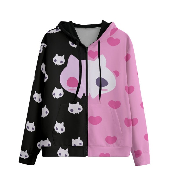 Katzen Hoodie | Pastell Goth Mode | Zip Up Hoodie, E Mädchen Ästhetik, Kawaii Kleidung | Niedlicher Totenkopf Japaner Streetwear