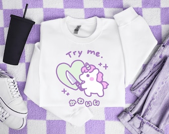Kawaii Unicorn Sweatshirt | Cute Pastel Shirt, Cutecore Pullover Top, Try Me, Funny T-Shirt, Cozy Anime Lover Gift