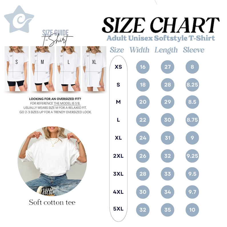 May include: A size chart for an adult unisex softstyle t-shirt, featuring a table with columns for size, width, length, and sleeve measurements in inches. It includes four images of a white t-shirt in sizes S, M, L, and XL, plus a circular photo.