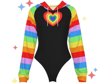 Rainbow Heart Bodysuit | Fitted Stretchy Femme Hooded Bodysuit | Hot Festival Outfit | Cute and Rare Long Sleeve Hoodie Suit