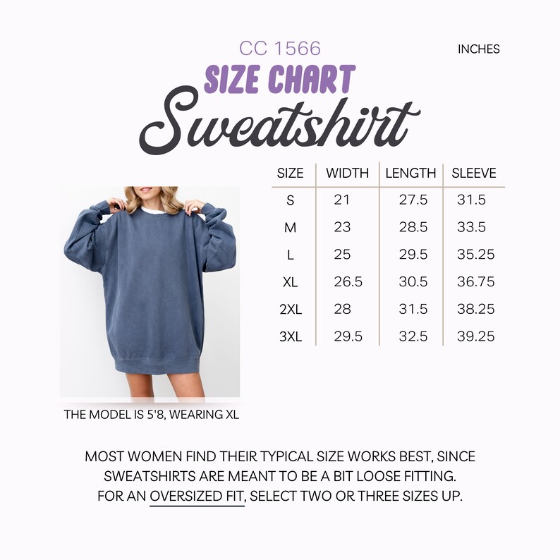 Op de afbeelding: Maattabel voor een sweatshirt in maten S tot en met 3XL. De tabel toont de breedte, lengte en mouwlengte in inches voor elke maat.