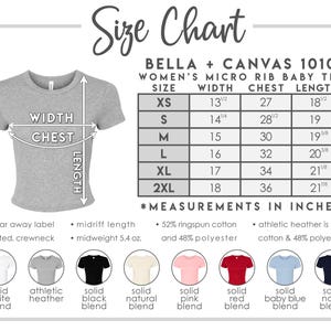 Pu&ograve; includere: Tabella delle taglie per una maglietta da neonata Bella + Canvas 1010 Women's Micro Rib. Le misure in pollici sono indicate, con equivalenti in cm. Taglie da XS a 2XL, con larghezza, petto e lunghezza. Con etichetta strappabile.