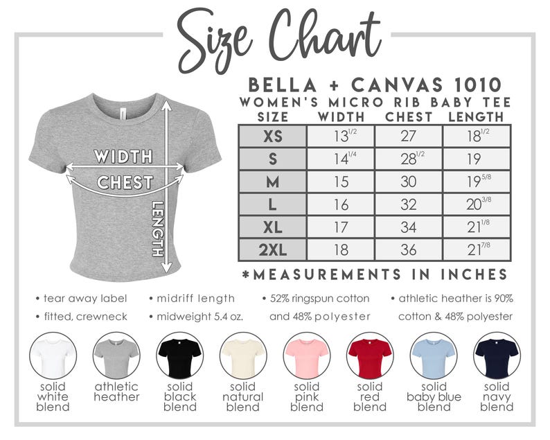 Pu&ograve; includere: Tabella delle taglie per una maglietta da neonata Bella + Canvas 1010 Women's Micro Rib. Le misure in pollici sono indicate, con equivalenti in cm. Taglie da XS a 2XL, con larghezza, petto e lunghezza. Con etichetta strappabile.