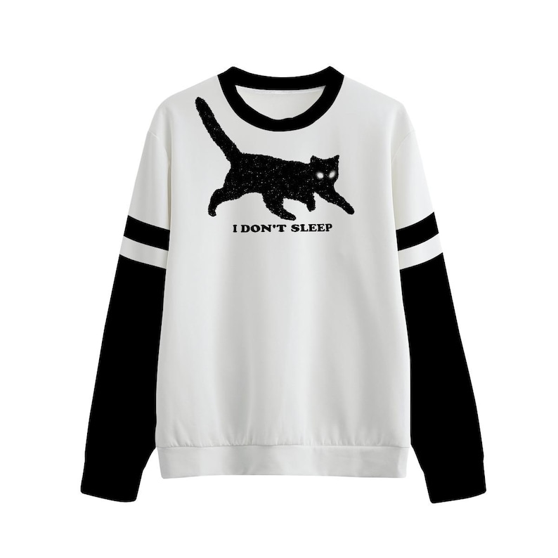 Black Cat Sweatshirt | I Don't Sleep, Cursed Shirt | Kitty Cat lovers Gift | Mental Stray Goth Punk Pullover | Weirdcore Sweatshirt White