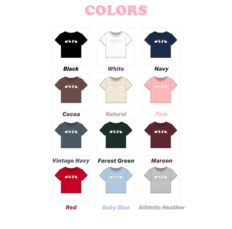 May include: A collection of twelve short-sleeved t-shirts displayed in a grid, each featuring a graphic of four small rabbits in a row. The shirts are available in black, white, navy, cocoa, natural, pink, vintage navy, forest green, maroon, red, baby blue, and athletic heather.