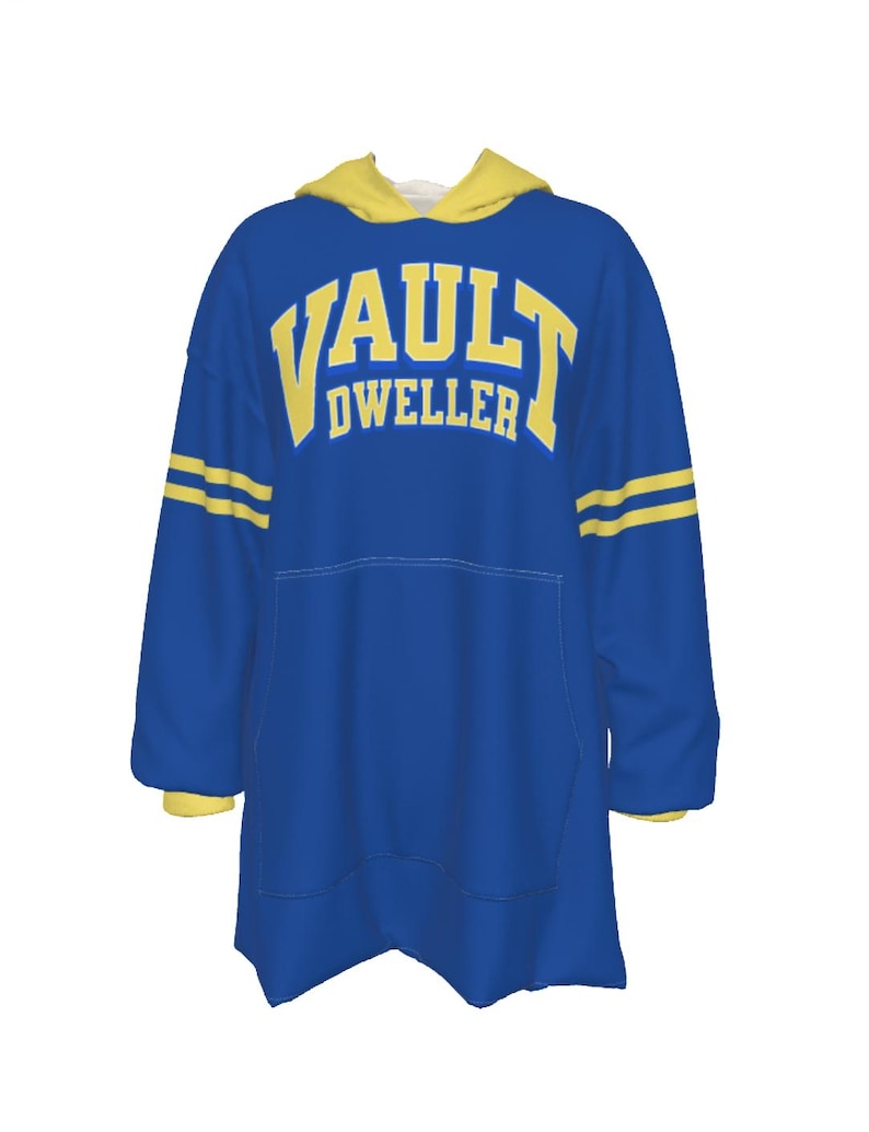 May include: A blue hooded sweatshirt with the text "VAULT DWELLER" in yellow block letters. The sweatshirt has yellow accents on the hood and sleeves, with two yellow stripes on each sleeve. A large front pocket is visible.