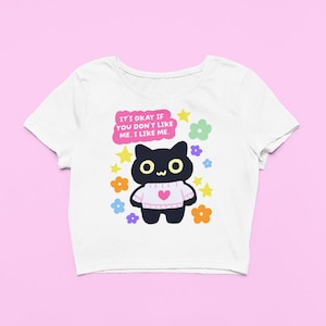 Positive Black Kitty Cat Baby Tee | Cute Crop Top | Trendy Fitted Graphic Top | Y2K Baby Tee | Gift For Cat Lover | Funny Cute Gift For Her