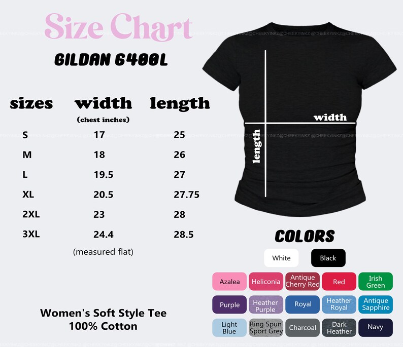Pu&ograve; includere: Tabella delle taglie per una maglietta Gildan 6400L Soft Style da donna, 100% cotone. Include taglie dalla S alla 3XL con misure di larghezza del petto e lunghezza in pollici. Le opzioni di colore includono bianco, nero, azalea, rosso e altro. Viene mostrata una maglietta nera.