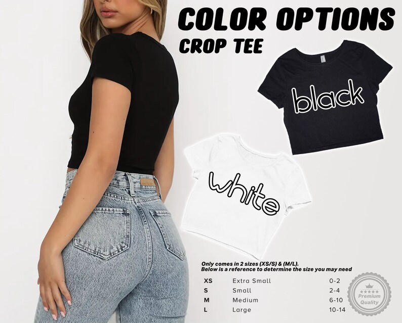 May include: A black and white crop tee shirt with the words "black" and "white" written in a bold, outlined font. The shirt is available in two sizes: XS/S and M/L. A size chart is included with the image.