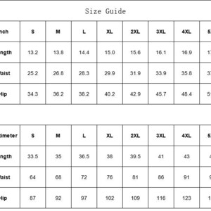 May include: Size chart for clothing in inches and centimeters. The chart shows measurements for length, waist, and hip in sizes S through 5XL.
