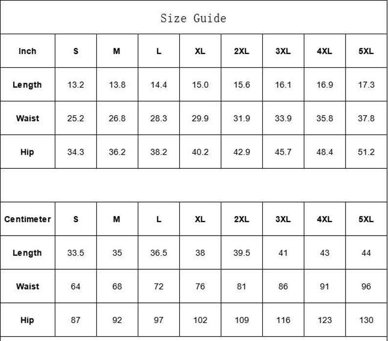 May include: Size chart for clothing in inches and centimeters. The chart shows measurements for length, waist, and hip in sizes S through 5XL.