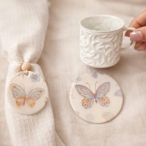 Butterfly Napkin Ring & Matching Coaster Set, Handmade Spring Table Setting Decor, Garden Party Brunch Place Settings