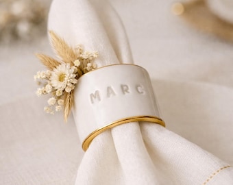 Personalized Ceramic Napkin Ring, Custom Name Place Setting for Wedding Reception, White Gold Tone Elegant Table Decor Favor