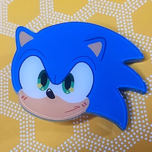 May include: A blue and brown cartoon character with green eyes and a mischievous expression. The character has a blue spiky mohawk and a white muzzle. The character is a popular video game character.