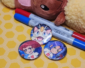 Team Rocket Pokemon Pins Holographic Pinback Button Badge | Jesse James Meowth Pokemon Fan Gift