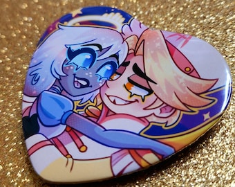 Hazbin Hotel Pin Emily Abel Serapherd Holographic or Glossy Heart Shaped Button | OTP Couple Ship Hazbin Hotel Fan Gift