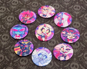 Hazbin Hotel Pin Holographic or Glossy Buttons | Charlie Vaggie Angel Dust Husk Vox Alastor Lucifer Sir Pentious Emily Hazbin Hotel Fan Gift