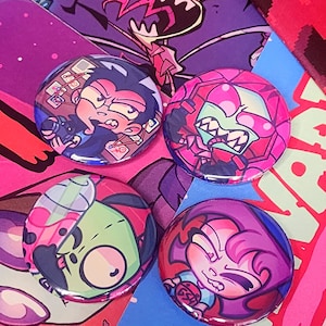 Invader ZiM Pins Glossy or Holographic Buttons | Zim Dib Gaz GIR Invader Zim Fan Gift