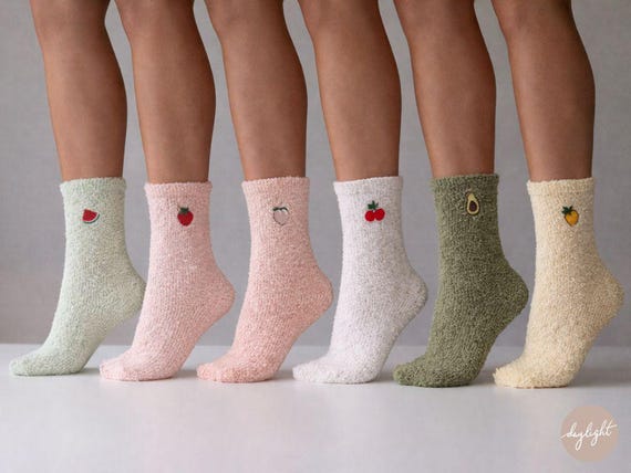 Fruit Embroidered Fluffy Socks, Super Soft Cozy Socks