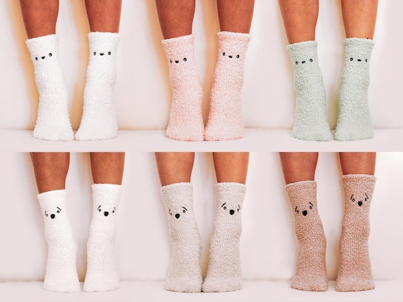 Hand Packed Fluffy Socks with Embroidered Face