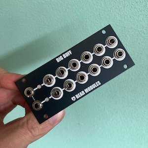 Puede incluir: Un módulo de música electrónica negro con el texto "BIG BUFF" y "BEAR MODULES" impreso en él. El módulo tiene 10 conectores plateados.