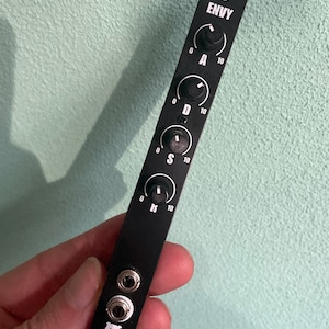 May include: Black metal panel with the word "ENVY" printed in white. The panel has four knobs labeled "A", "D", "S", and "R" with numbers 0 and 10 printed next to them. There are two 1/4 inch audio jacks on the bottom of the panel.