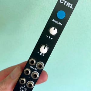 Puede incluir: Módulo electrónico negro con el texto "CTRL" y "SMASH". Cuenta con un botón azul, dos perillas y varios conectores de entrada. La palabra "TEDDY" y un gráfico de oso están en la parte inferior.