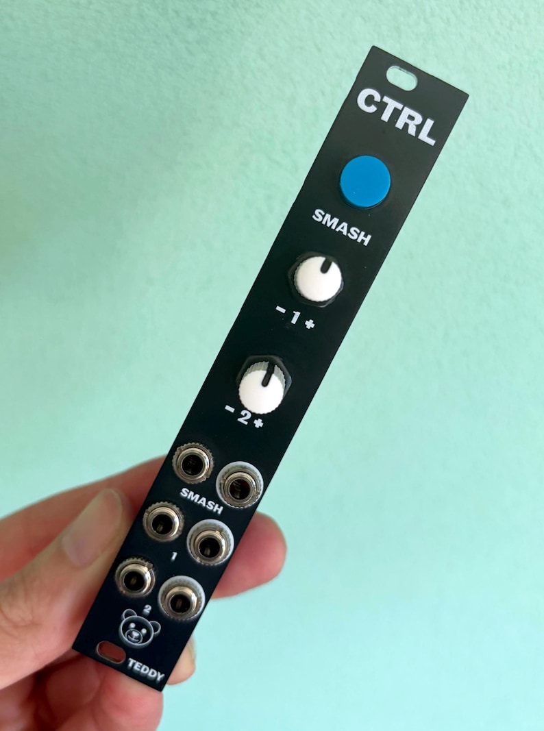 May include: Black electronic module with the text "CTRL" and "SMASH". Features a blue button, two knobs, and several input jacks. The word "TEDDY" and a bear graphic are at the bottom.