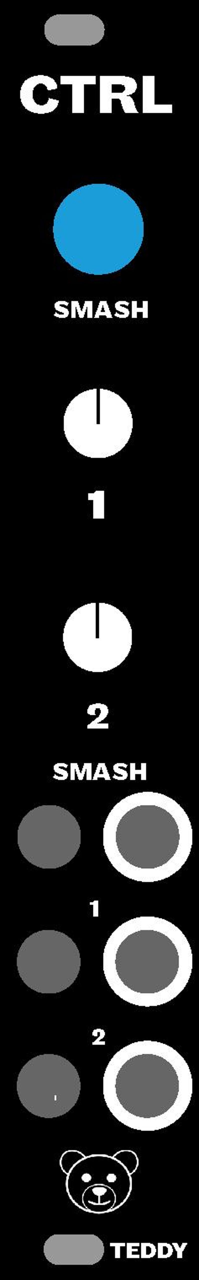 May include: Black graphic with white text and shapes. The word "CTRL" is above a blue circle with the word "SMASH" below it. Two white dials are labeled "1" and "2". Below are two sets of gray circles and white-rimmed circles, labeled "1" and "2". A teddy bear graphic is at the bottom.