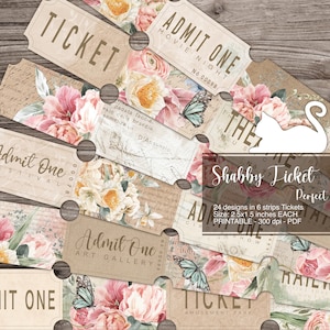Junk Journal, Printable Ticket, Shabby Pink Floral, Card, Collage Sheets, Embellishments, Ephemera, Tickets, Scrapbook, Digital Download