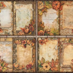 May include: Six printable journal pages with a fall theme. Each page features a different design with fall leaves, pumpkins, and flowers. The pages are decorated with lace and have lined writing space.