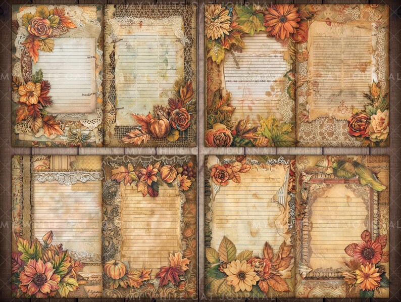 May include: Six printable journal pages with a fall theme. Each page features a different design with fall leaves, pumpkins, and flowers. The pages are decorated with lace and have lined writing space.
